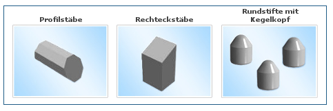 Profilstbe, Rechteckstbe, Rundstifte mit Kegelkopf